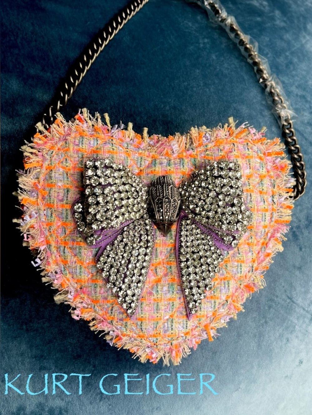 Kurt Geiger London Tweed Crystal Bow Heart Crossbody bag NEON orange purple NWT